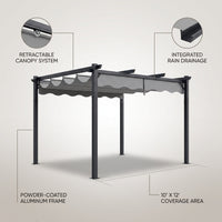 10'X12' Retractable Pergola, Outdoor Pergolas for Patio Covers for Shade and Rain, Aluminum Pergola Canopy Gazebo for Backyard, Deck, Garden — infographic