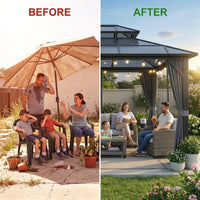 12'X10' Hardtop Gazebo, Aluminum Permanent Pavilion with Polycarbonate Double Roof, Removable Curtains & Mosquito Netting for Patio, Garden, Lawn, Upgrade Your Outdoors: Heavy Duty Hardtop Gazebo — Before & After