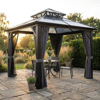 12'X10' Hardtop Gazebo, Aluminum Permanent Pavilion with Polycarbonate Double Roof, Removable Curtains & Mosquito Netting for Patio, Garden, Lawn, Upgrade Your Outdoors: Heavy Duty Hardtop Gazebo — Studio Shot