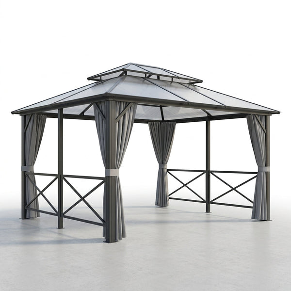 12'X10' Hardtop Gazebo, Aluminum Permanent Pavilion with Polycarbonate Double Roof, Removable Curtains & Mosquito Netting for Patio, Garden, Lawn, Upgrade Your Outdoors: Heavy Duty Hardtop Gazebo — Studio Shot