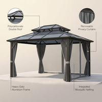 12'X10' Hardtop Gazebo, Aluminum Permanent Pavilion with Polycarbonate Double Roof, Removable Curtains & Mosquito Netting for Patio, Garden, Lawn, Upgrade Your Outdoors: Heavy Duty Hardtop Gazebo — infographic