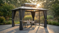 12'X10' Hardtop Gazebo, Aluminum Permanent Pavilion with Polycarbonate Double Roof, Removable Curtains & Mosquito Netting for Patio, Garden, Lawn, Upgrade Your Outdoors: Heavy Duty Hardtop Gazebo — Lifestyle