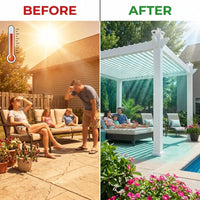 144"L X 144"W X 104"H Vinyl Camelot Louvered Pergola, White, VA42070 — Before & After