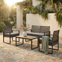 4-Piece Wicker Patio Conversation Set with Cushion, Outdoor Patio Furniture Set with Wood Table Top-Grey Cushions — Studio Shot