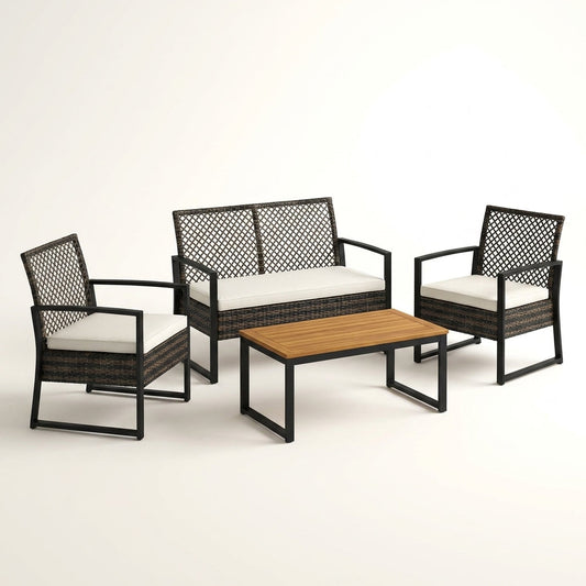 4-Piece Wicker Patio Conversation Set with Cushion, Outdoor Patio Furniture Set with Wood Table Top-Grey Cushions — Studio Shot