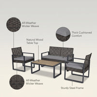 4-Piece Wicker Patio Conversation Set with Cushion, Outdoor Patio Furniture Set with Wood Table Top-Grey Cushions — infographic