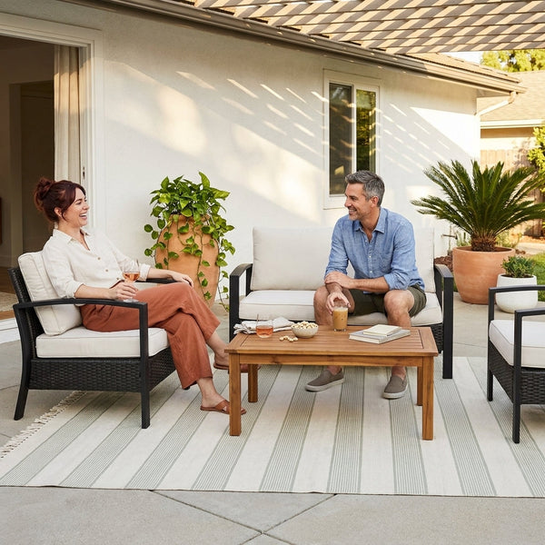 Patio Conversation Set Built for All-Weather Use, Acacia Wood Table, Iron Frame, Grey Cushions
