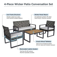 4-Piece Wicker Patio Conversation Set with Cushion, Outdoor Patio Furniture Set with Wood Table Top-Grey Cushions — How It Works