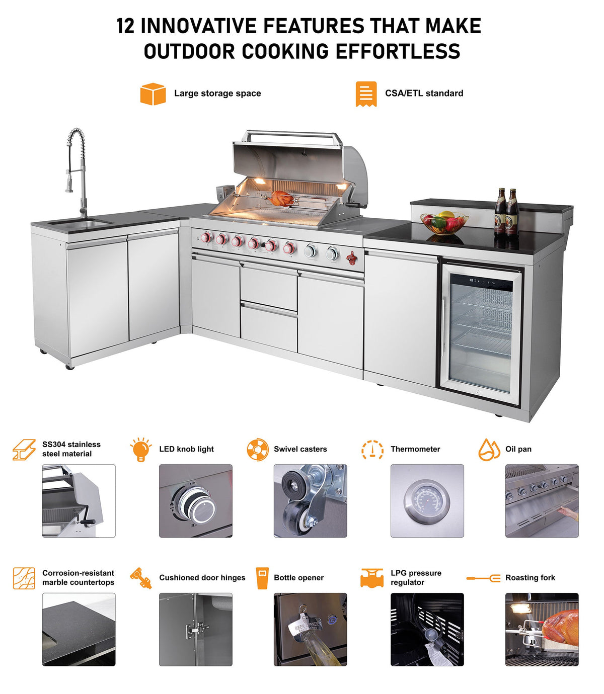 Outdoor Kitchen Island with 6+1 Burner Propane BBQ Grill – Stainless Steel