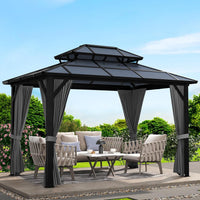 12'X10' Hardtop Gazebo, Aluminum Permanent Pavilion with Polycarbonate Double Roof, Removable Curtains & Mosquito Netting for Patio, Garden, Lawn, Upgrade Your Outdoors: Heavy Duty Hardtop Gazebo