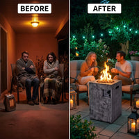 Outdoor Propane Fire Pit, 30000 BTU Column Propane Fire Pit, Wood-Look Surface — Before & After