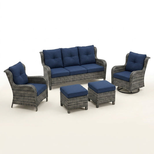 Patio Furniture Set 6-Piece Outdoor Patio Conversation Set with Blue Cushions Lawn Furniture — Studio Shot