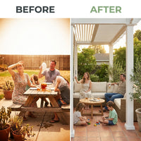 Vinyl Louvered Pergola Engineered for All-Weather Use, Adjustable Louver System, 12x12 Foot Coverage, Premium White Finish — Before & After