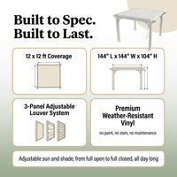 Vinyl Louvered Pergola Engineered for All-Weather Use, Adjustable Louver System, 12x12 Foot Coverage, Premium White Finish — Results & Stats