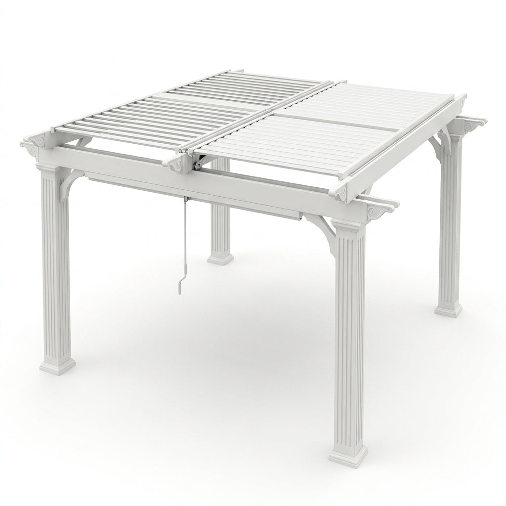 Vinyl Louvered Pergola Engineered for All-Weather Use, Adjustable Louver System, 12x12 Foot Coverage, Premium White Finish — Studio Shot