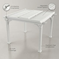Vinyl Louvered Pergola Engineered for All-Weather Use, Adjustable Louver System, 12x12 Foot Coverage, Premium White Finish — infographic