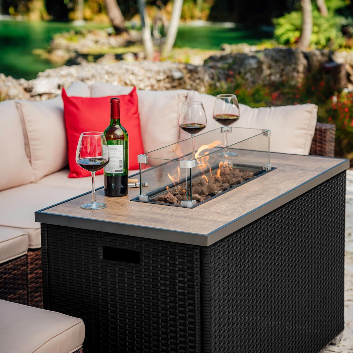 43 Inch Fire Pit for Outdoor - 50,000 BTU Outdoor Propane Fire Pit Table with Lid, Rain Cover & Lava Rocks - Patio Fire Pit Table with Tempered Glass for Backyard Gatherings - Black