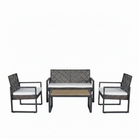 Patio Conversation Set Built for All-Weather Use, Acacia Wood Table, Iron Frame, Grey Cushions