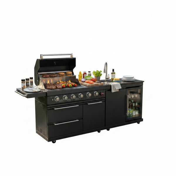 Deluxe 84 Inch × 23 Inch 6 Burner 75300 BTU Outdoor BBQ Grill Island with Stainless Steel Sink, Wine Cooler, Refrigerator & Granite Countertops,Propane or Natural Gas